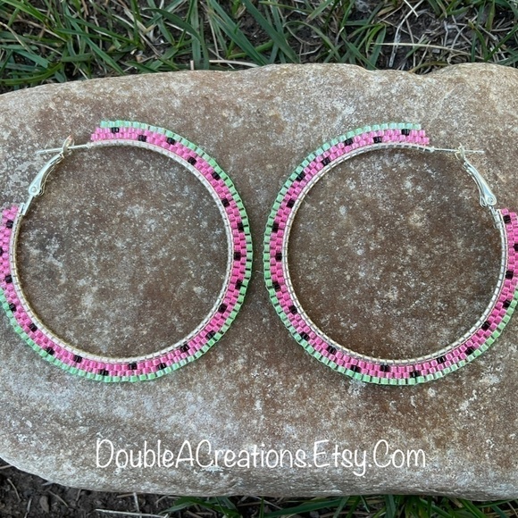 Pink Watermelon 2” Beaded Hoops, New, Handmade by Me - Picture 5 of 10
